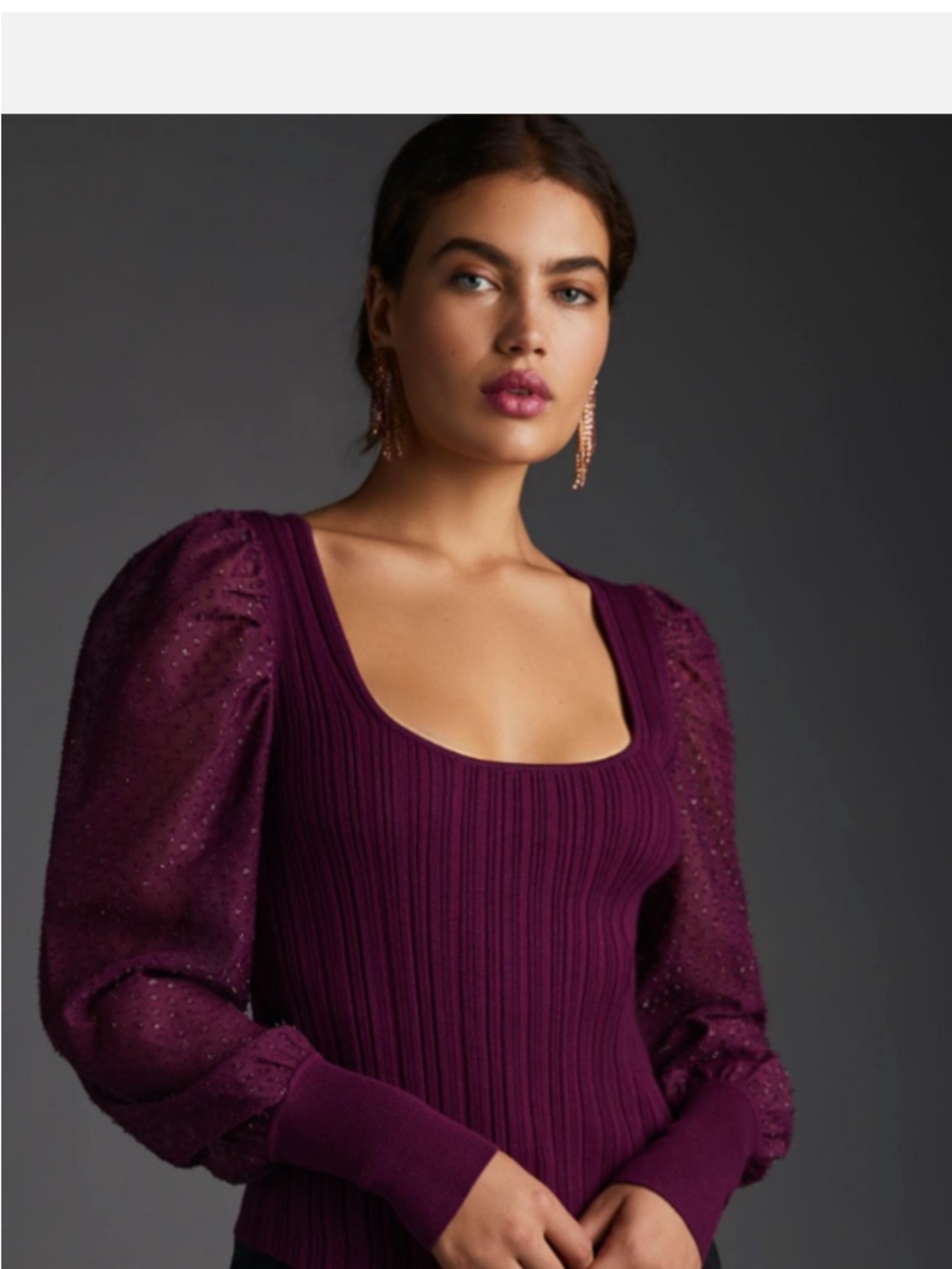 Anthropologie Plum Wine Sheer Puff-Sleeve Lightweight Ribbed Square Neck Top M